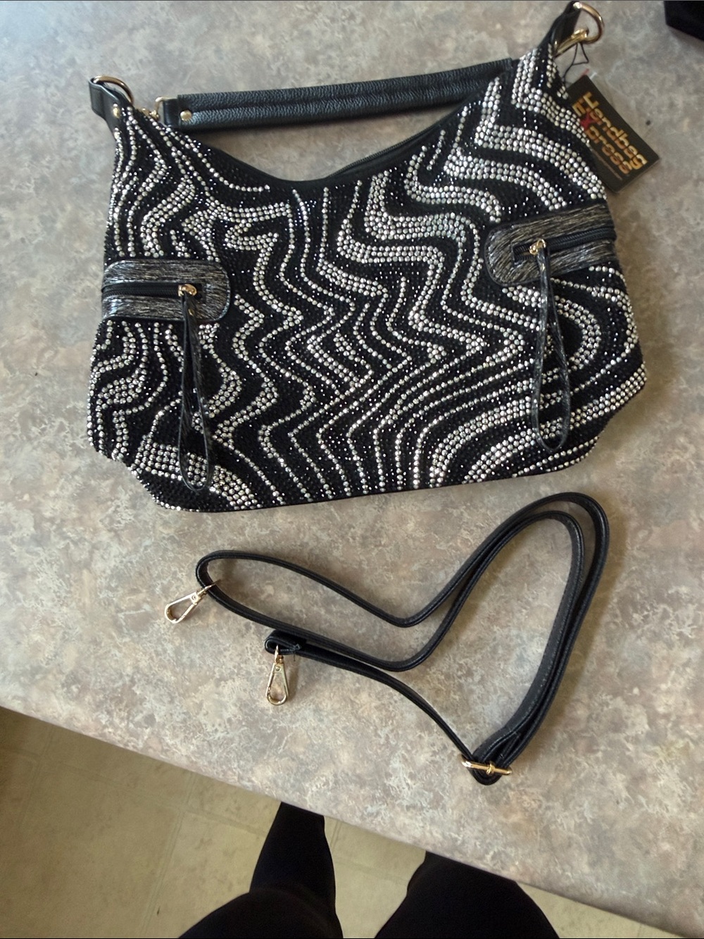Black Rhinestone Patterned Shoulder Bag - Picture 6 of 9